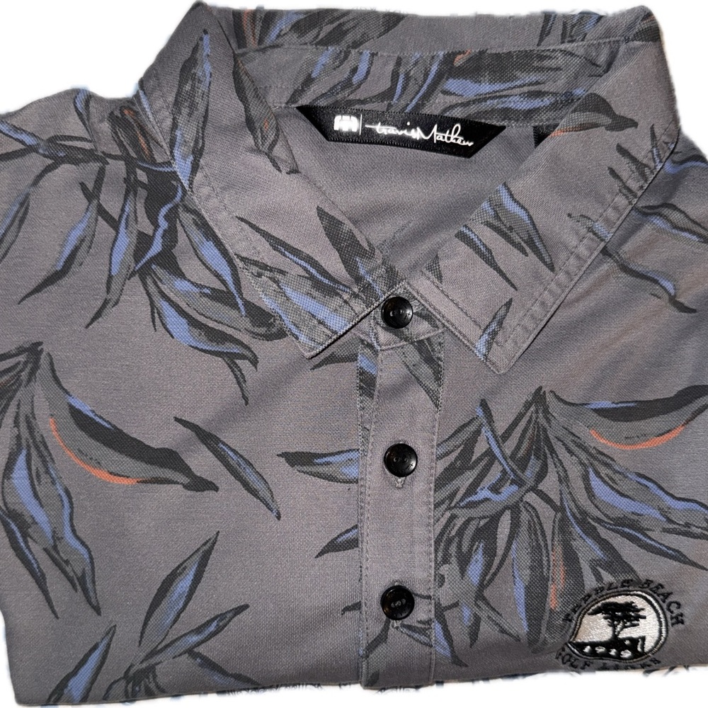 Travis Mathew Gray and Blue Leaf Print Polo